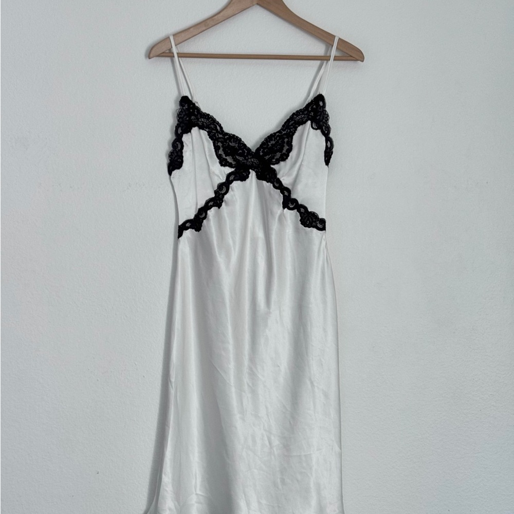 Vintage White Satin and Black Lace Slip Dress Nightgown - Picture 2 of 6
